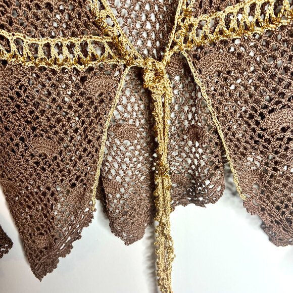 Vtg Kroshetta by Papillon Brown Crochet Beaded Open Knit Cardigan Boho Y2K Sz M - Picture 3 of 6